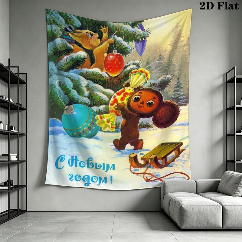 Cheburashka Wall Tapestry Aesthetic Wall Hanging Printed Fabric Blanket Decorative Tapestries for Bedroom Living Room Home Decor