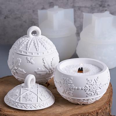 Jul Rund Kula Ljusburk Silikonform DIY Relief Snöbär Förvaringslåda Kit Formar Gips Harts Hantverkstillverkning Juldekor