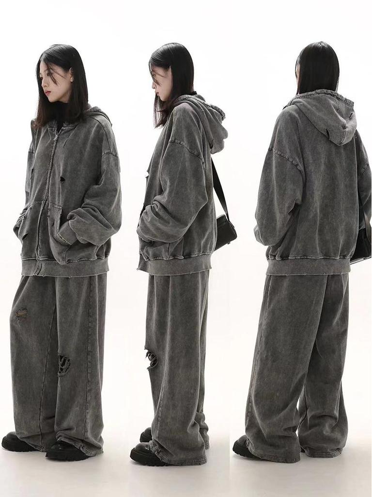 2026 Autumn/Winter Men's Retro Ripped Hooded Sweatshirt - Heavyweight, Loose Fit, Trendy Versatile American Style