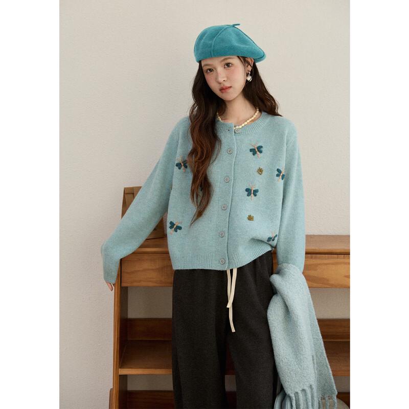 Women s Blue Butterfly Embroidered Knit Cardigan M