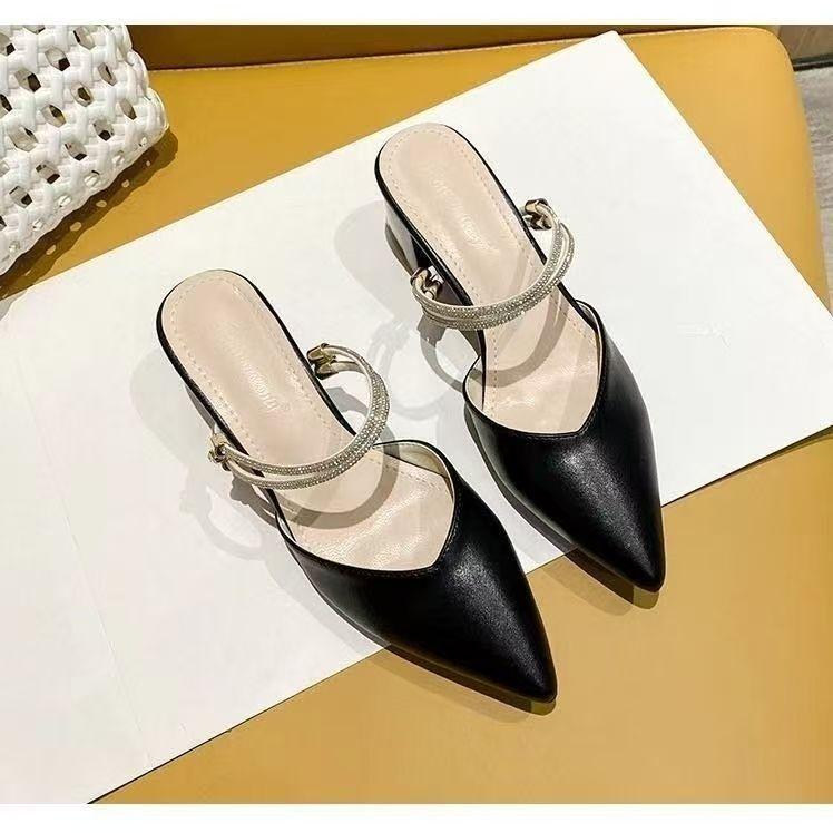Fashion pointed thick heel solid color bag head slippers 2025 summer new rhinestone sandals daily casual lady high heels