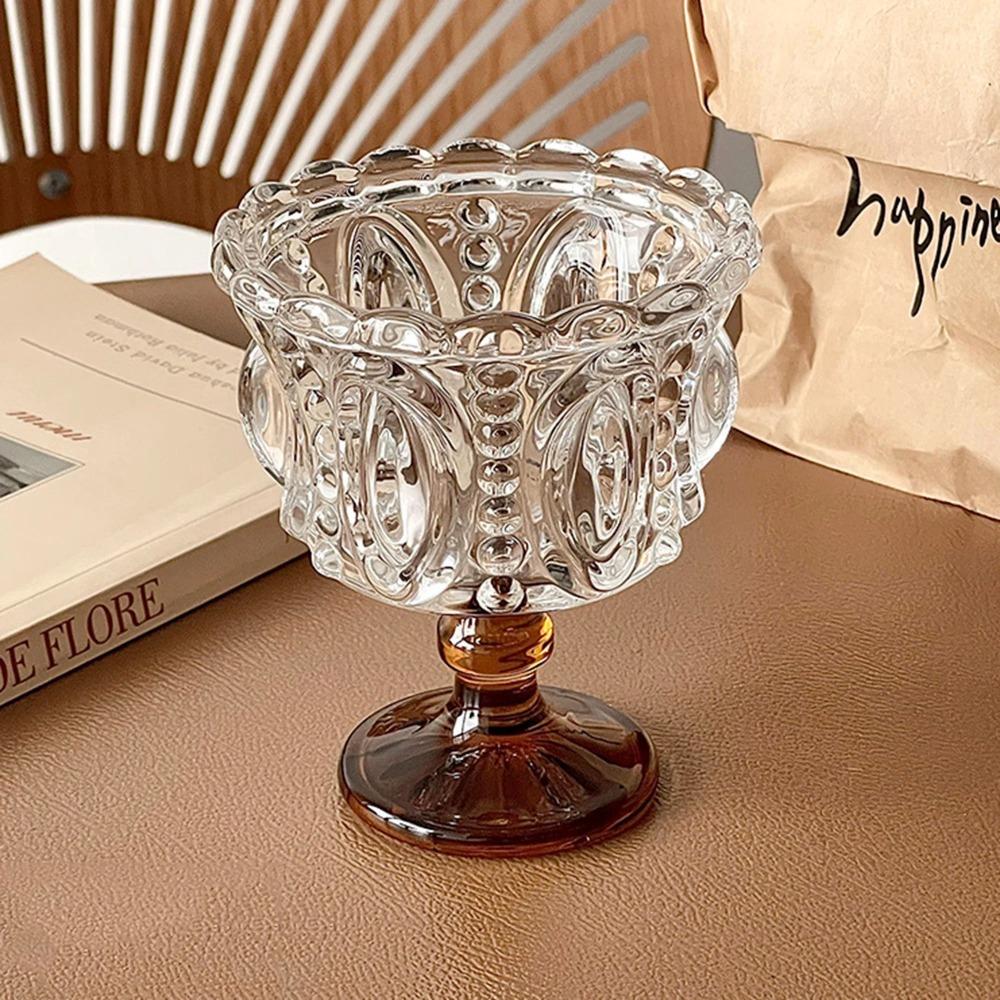 Retro Embossed Glass Ice Cream Cup High Footed Yogurt Dessert Cup Antique European Style Creative Coffee Cup