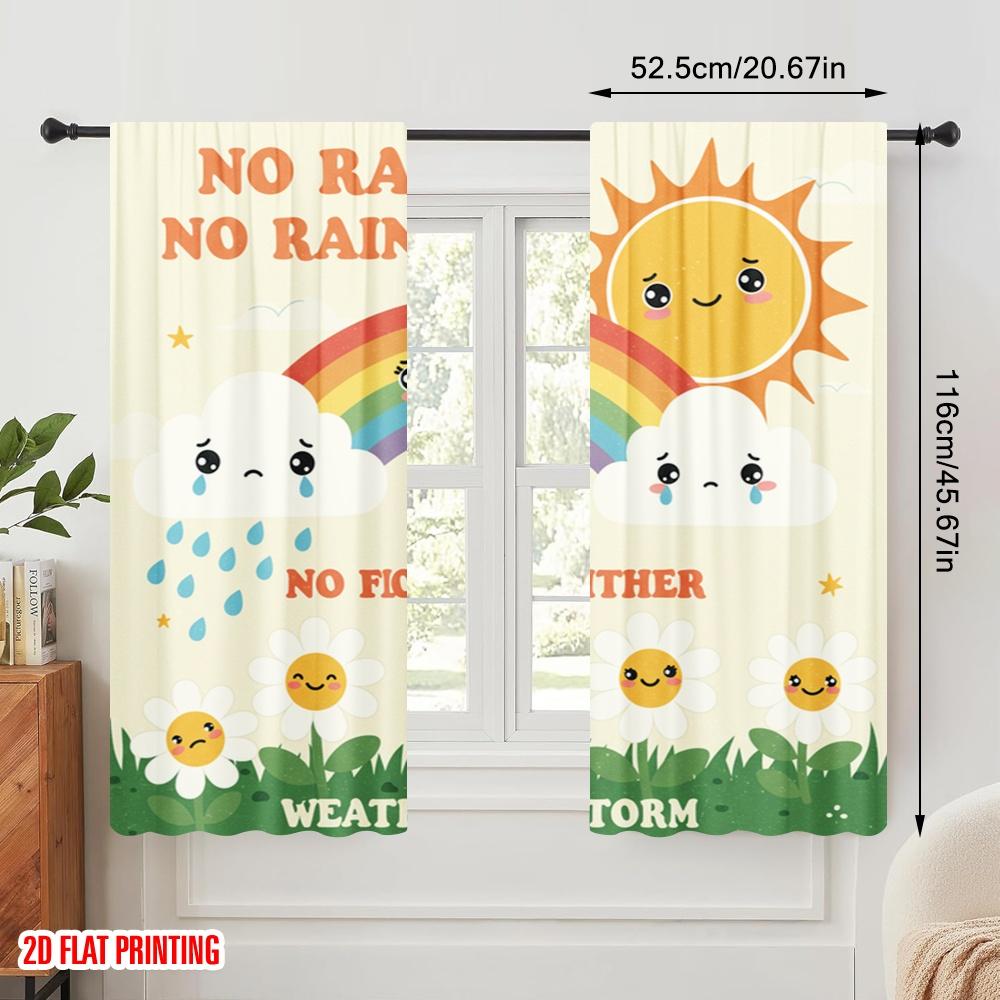 2 Stück 2D Flachdruck Vorhänge Fröhlicher Regenbogen Blume Sonne Polyester Ohne Strom Feiertagsdekorationen für Raumdeko