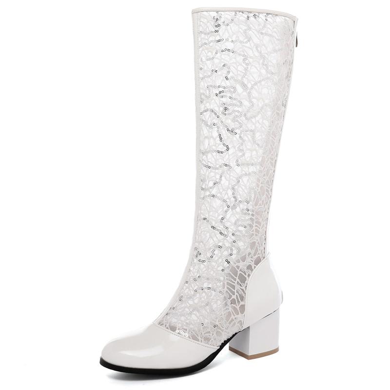 Spring Summer Women Boots Fashion Knee High Boot Zipper Casual Low Heels Mesh Breathable White Blue Ladies Party Shoes Big Size
