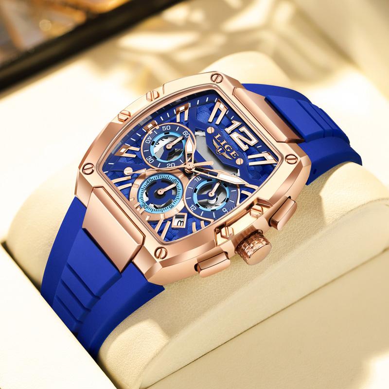 LIGE Nuovo Orologio da Uomo Cronografo Quarzo Quadrante Tonneau Dorato Sportivo Orologio Casual Moda Cinturino in Silicone Orologio da Uomo+Scatola