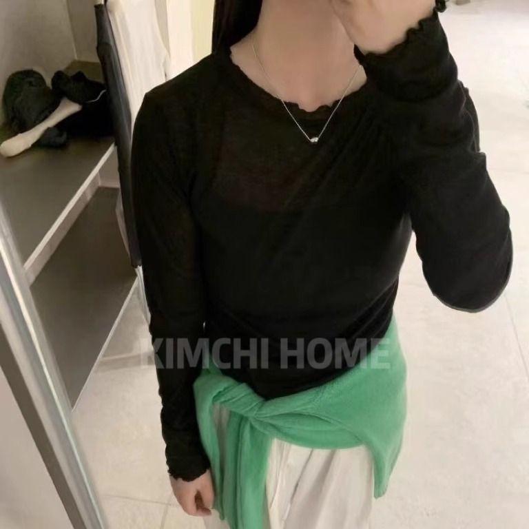 

Milk-Flavored Sweet Ruffle Round Neck Layering Cardigan - Women s Thin Semi-Transparent Long Sleeve T-shirt M (40-50 kg) чорний