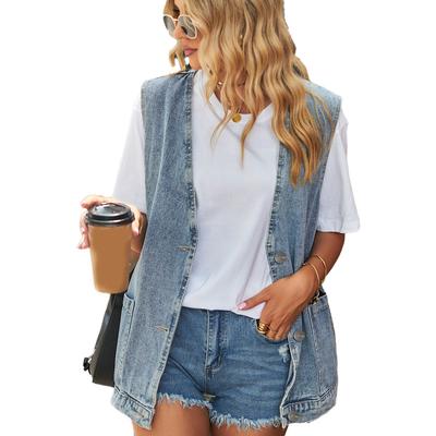 Gilet sans manches Grandes poches Veste boutonnée Gilet sans manches pour femmes Dame Rendez-vous Bleu S
