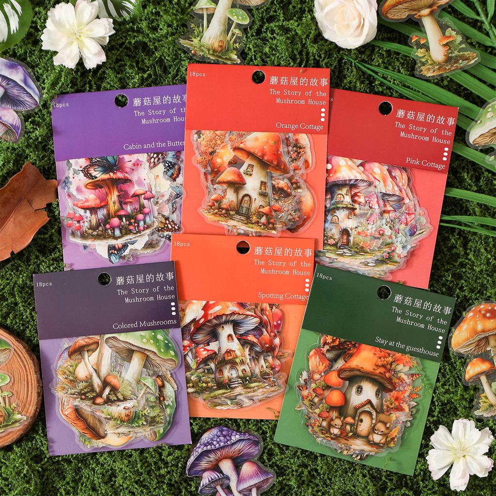 18pcs/pack mushroom house story series Creative aesthetics PET sticker Planner Handbook Scrapbooking DIY stationery sticker