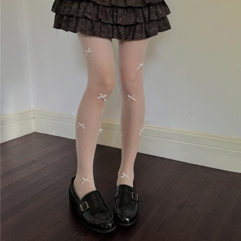 Aesthetic Sparkly Rhinestones Bowknot Sheer Pantyhose Stockings Women Thin See Through Silky Tights Shimmering Leggings