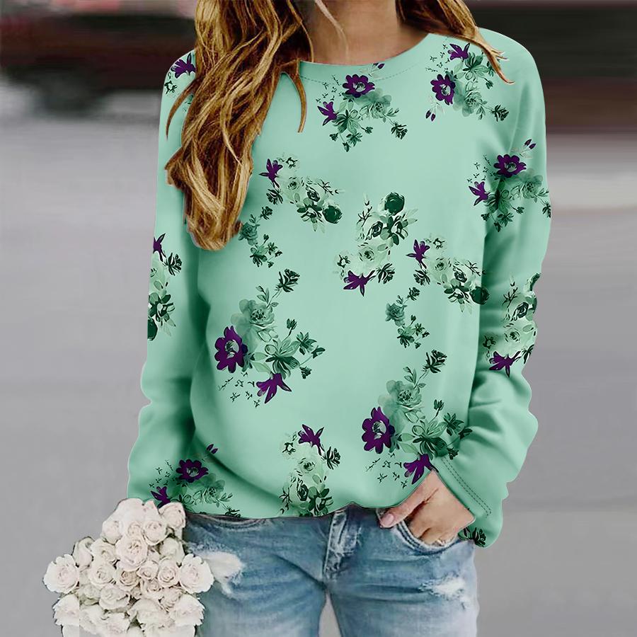 Топы для женщин Красивая роза Принт Круглый вырез Длинный рукав Футболка Осенний — фото 6