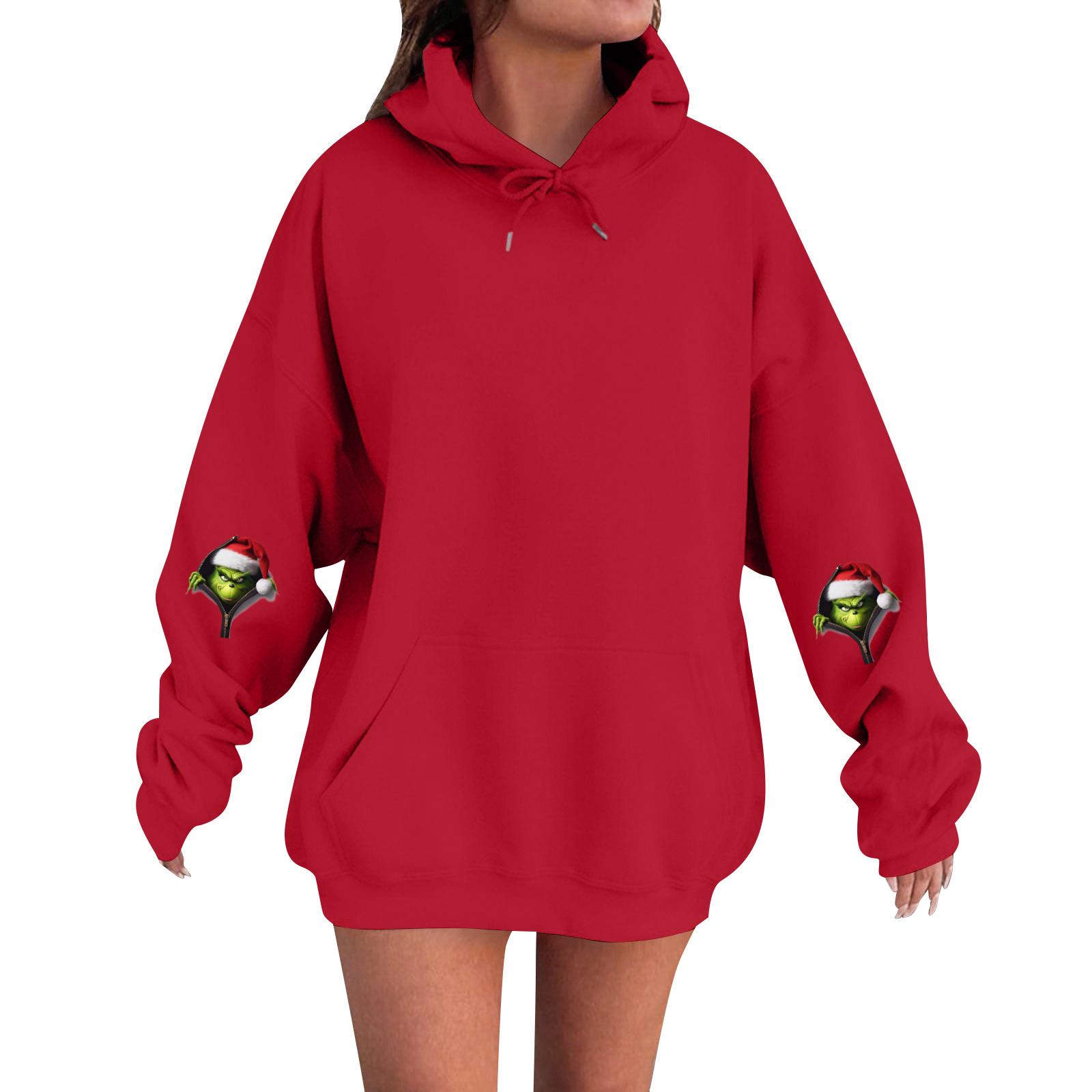 

Женский модный, расслабленный и удобный свитер с круглым вырезом и капюшоном, с длинными рукавами и рождественским принтом, теплый свитер L