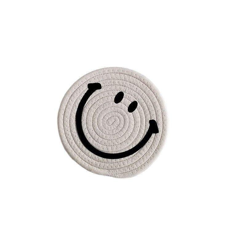 Smiling Face Round Mat Woven Ramie Placemats Anti Slip Dining Table Mats Non-Slip Tableware Bowl Pads Kitchen Drink Cup Coasters