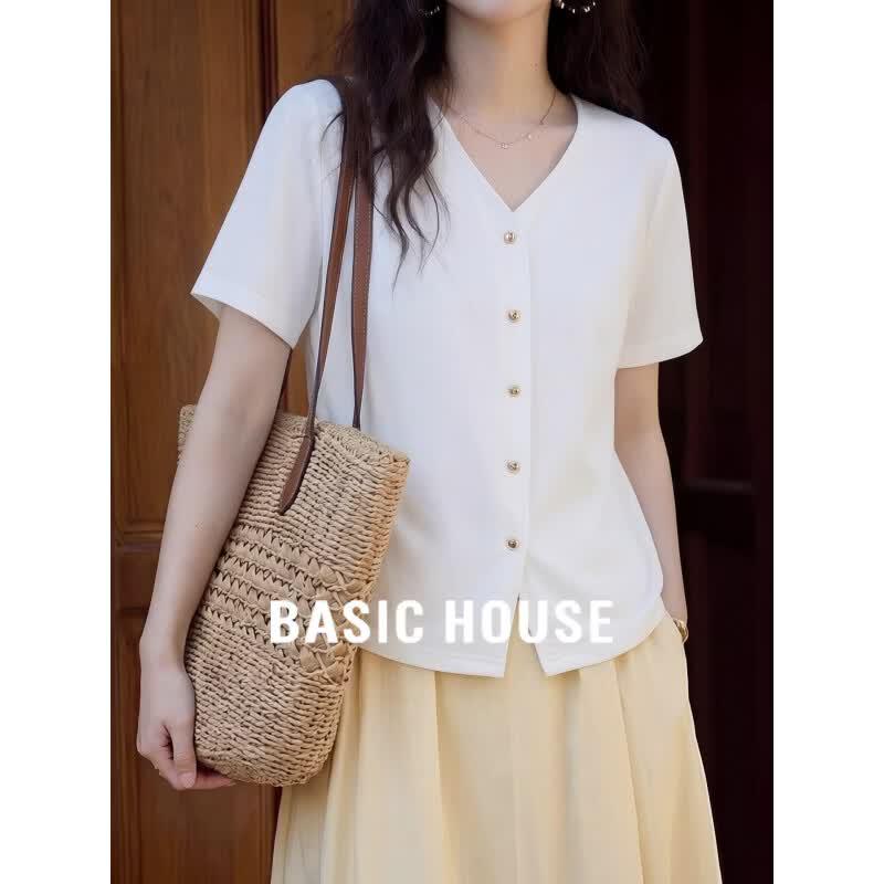 Basic House French V-Neck Short Sleeve T-Shirt XL белый