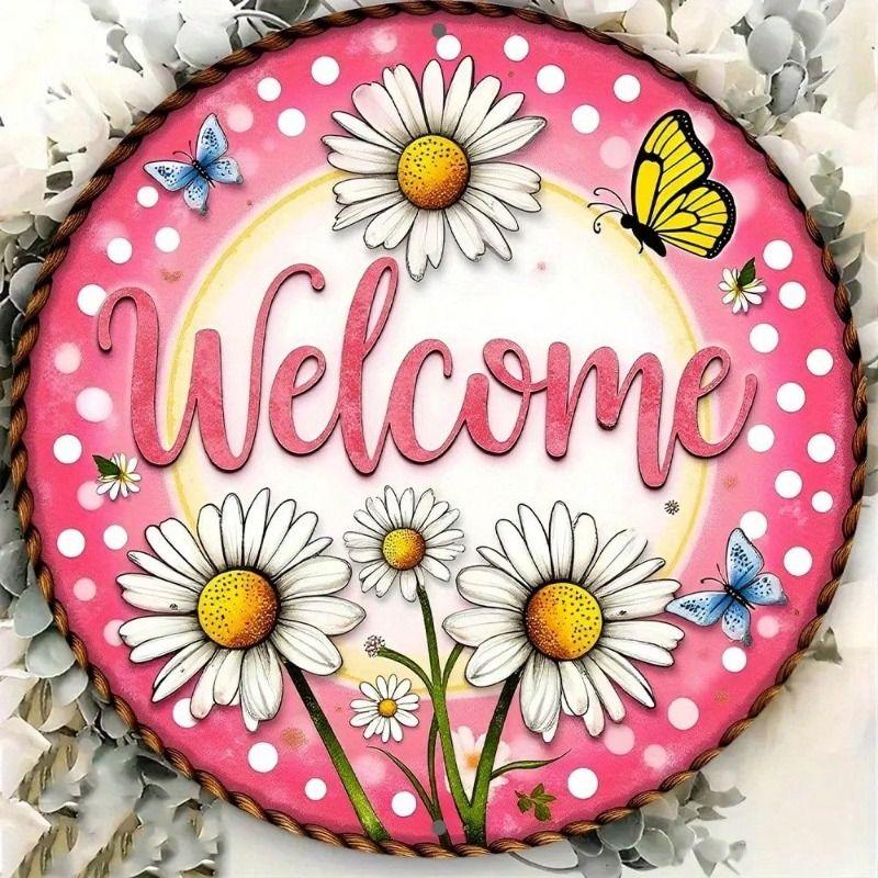 Metal Wall Art Round Daisy Wreath with Butterflies Kitchen Poster