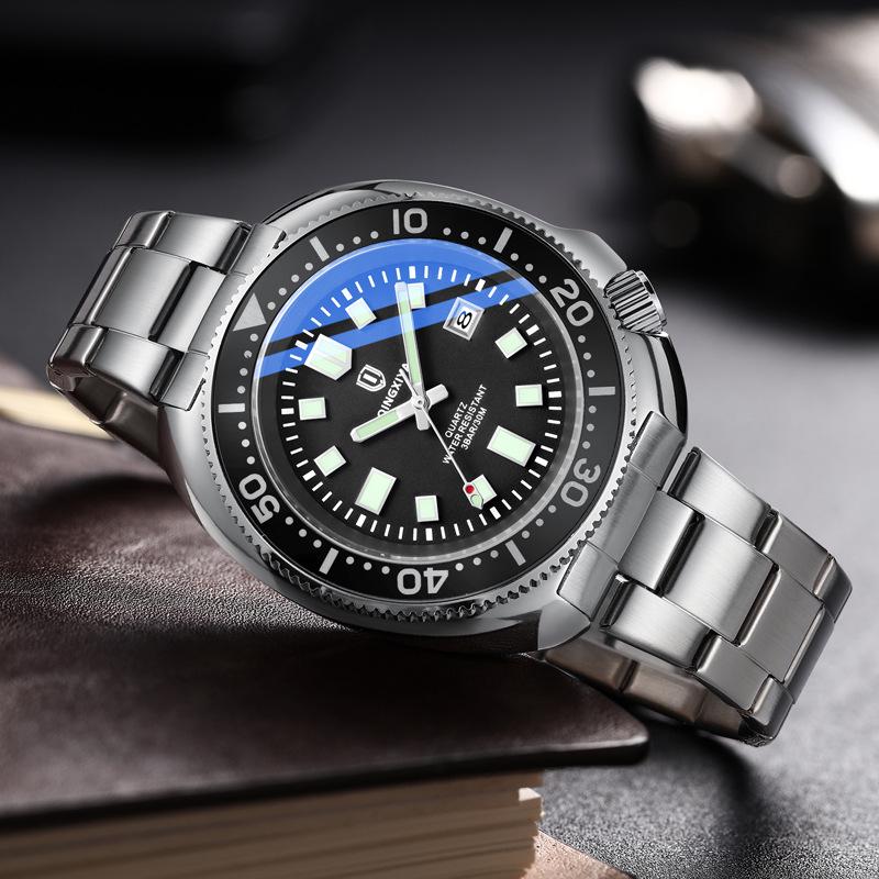Qingxiya Men's Luminous Quartz Watch - Waterproof Stainless Steel Strap with Calendar