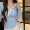 Sweet Lace Splicing Bow Long Sleeve Lotus Leaf Neck Solid Color T-Shirt Autumn and Winter Slim Fit Bottom Shirt Top Women