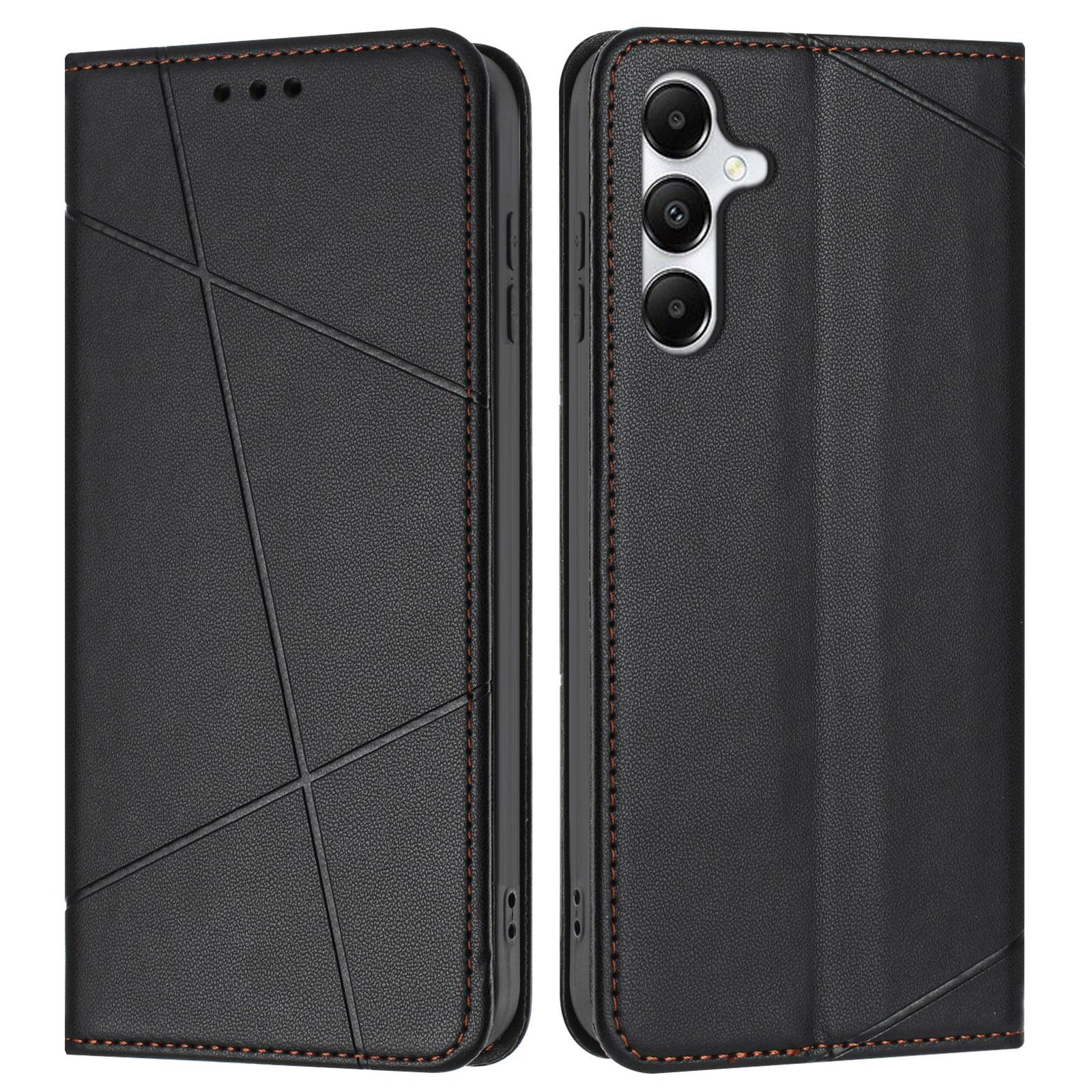 

For Samsung Galaxy A17 5G Wallet Case Line Imprinted Leather Stand Phone Cover with Wrist Strap Black