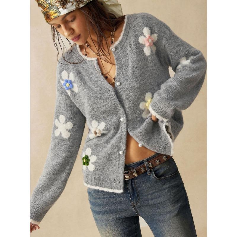 Damen Rundhals 3D Blumen Strick Langarm Lockerer Cardigan Pullover