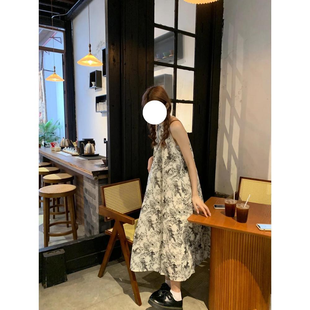 Niche print neck sleeveless dress women's versatile summer loose temperament suspender dress