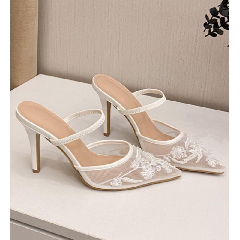 Luxury Brand High Heels Women Sandals Mesh Embroider Elegant Pointed Ladies Slingback Designer Party Wedding Bridal Dress Shoes