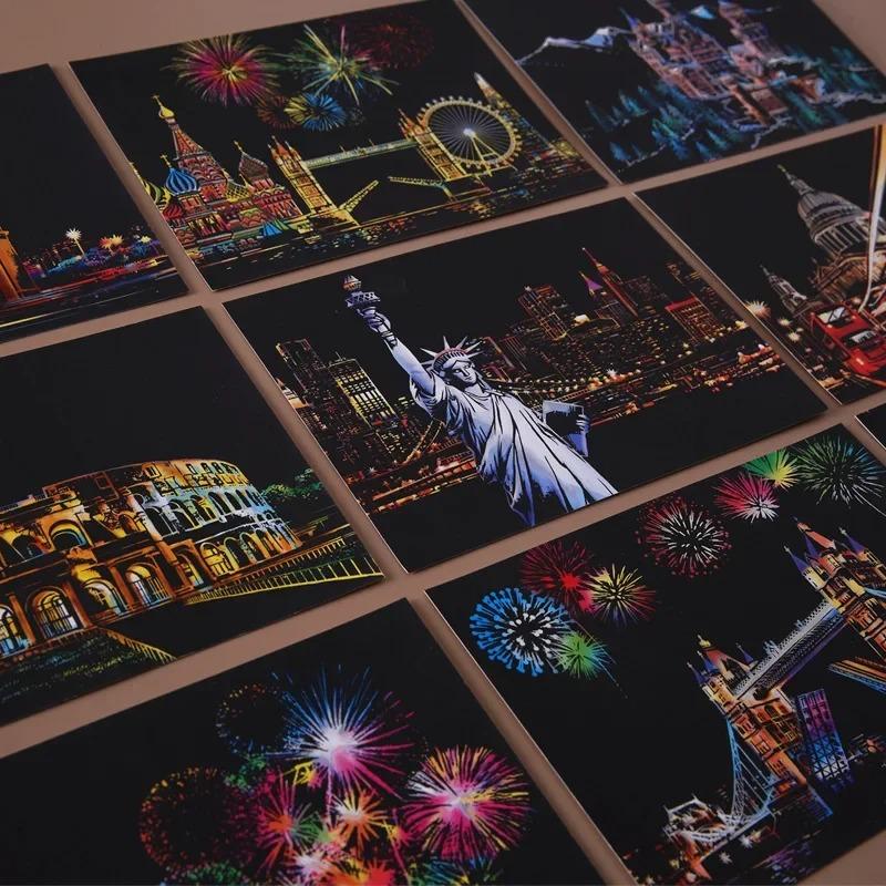 4-teiliges Set A5 DIY-Kratzmalerei Feuerwerk Kirschblüten Klassische Gebäude Landschaft Tiere Kratzmalerei Zeichenspielzeug