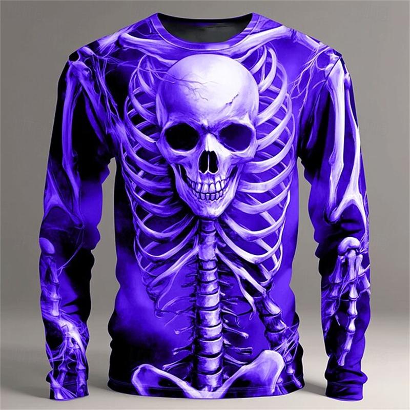 New Halloween Skeleton Prints Long Sleeve T-Shirt For Men Gothic Trendy Streetwear Casual Tops Halloween Party Tees Fall Winter