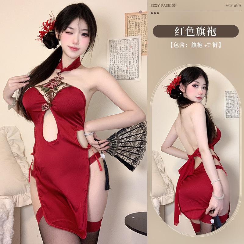 Sexy underwear, antique peony embroidery flag neck robe, bright red bride lace-up hollow nightdress, uniform temptation