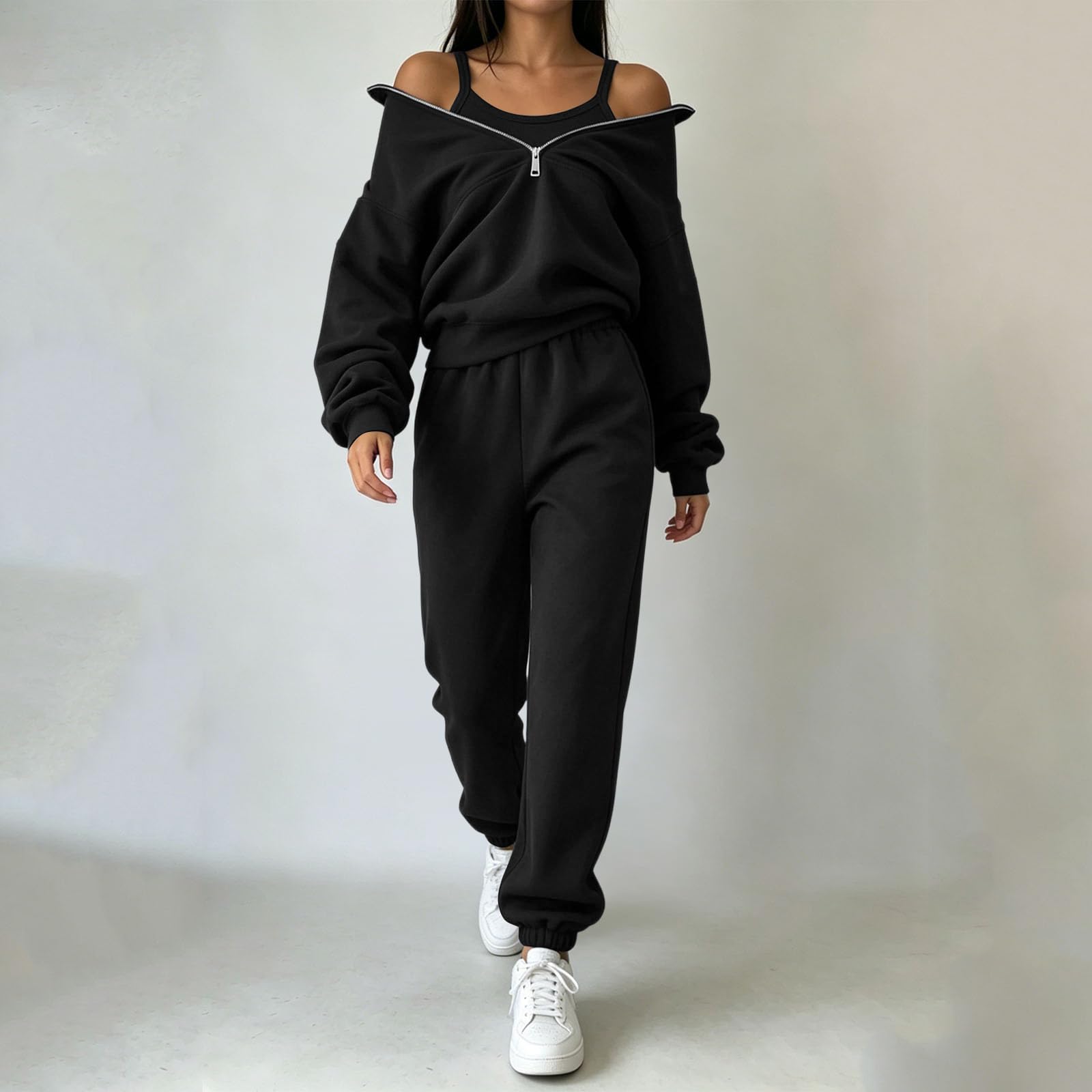 Women s Half Zip Mock Neck Long Sleeve Sweatshirt 2 Piece Outfit Set L