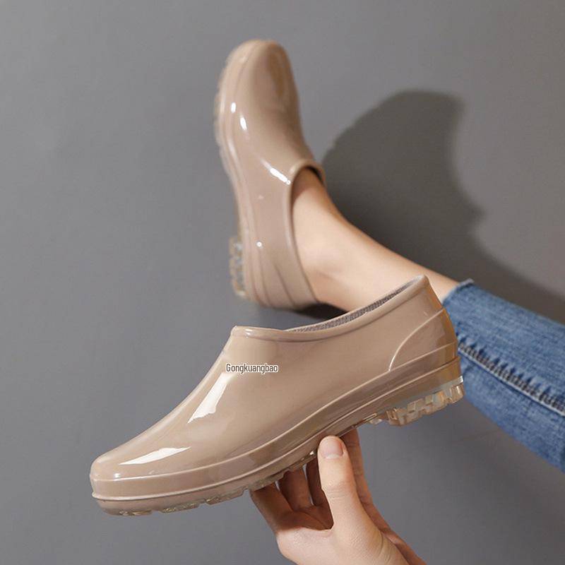 Women's Non-Slip Waterproof Low-Cut Rubber Rain Shoes for Kitchen, Short Slip-On Flats for Summer