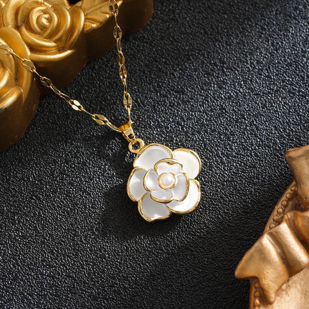 Drip Oil Pearl & Rose Flower Choker Necklace - Black & White Fashion Design for Women
