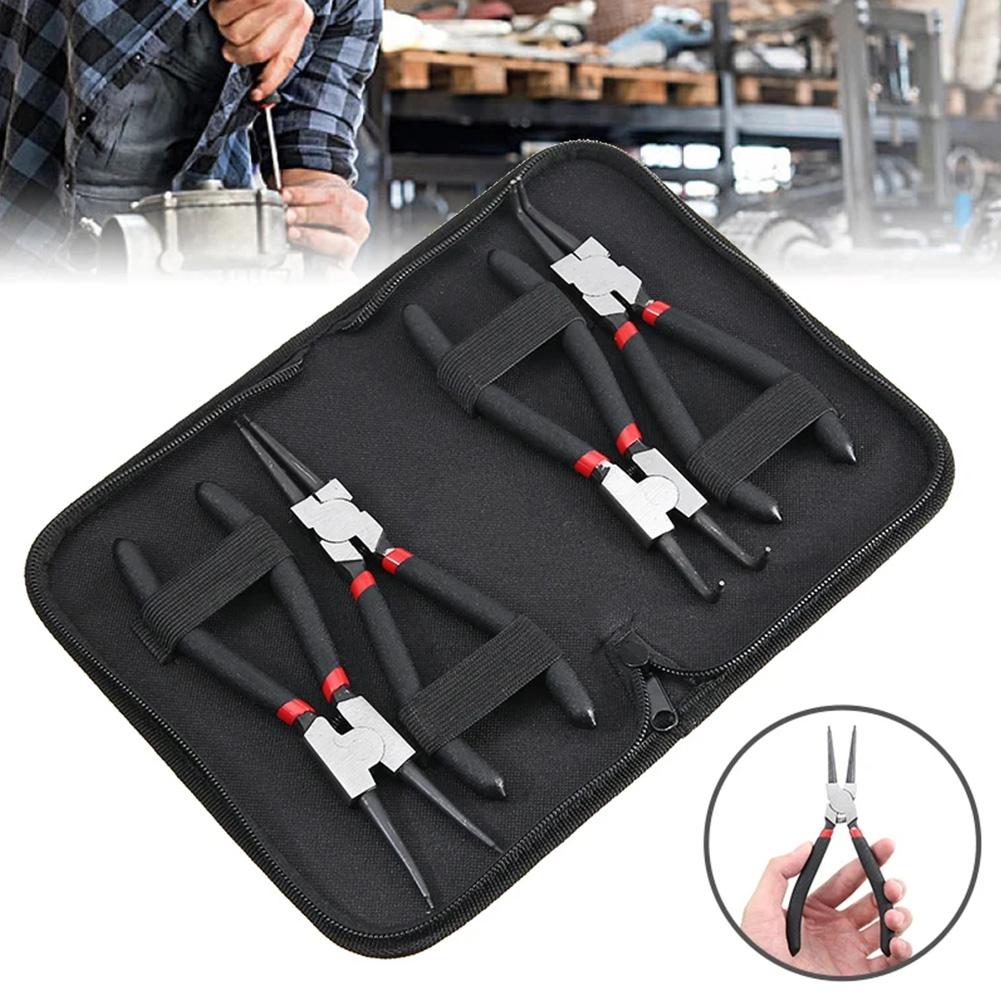 7 Inches Long Nose Plier,4Pcs Circlip Plier Set,Inner Outer Staight Bent,Plier Retaining Snap Ring Remover Tool
