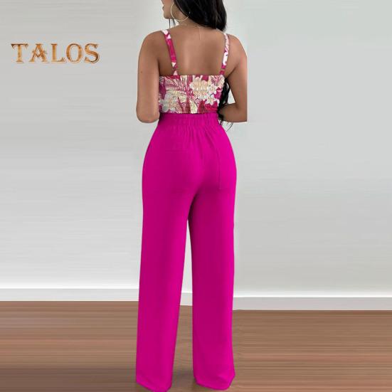 Καλοκαιρινά ρούχα δύο τεμαχίων για γυναίκες, αμάνικο παντελόνι με φαρδιά μπατζάκια και V λαιμόκοψη, καλοκαιρινό, casual, ασορτί κοστούμι με φλοράλ print