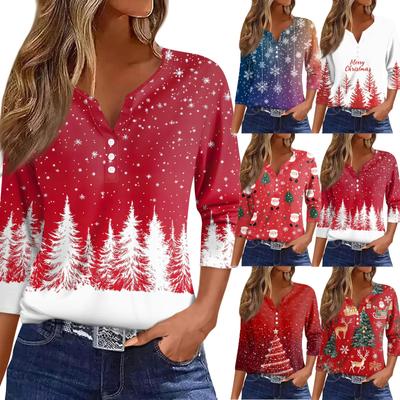 Women's T Shirt Christmas Print Button 3/4 Sleeve Daily Weekend Fashion Basic V- Neck Regular Top