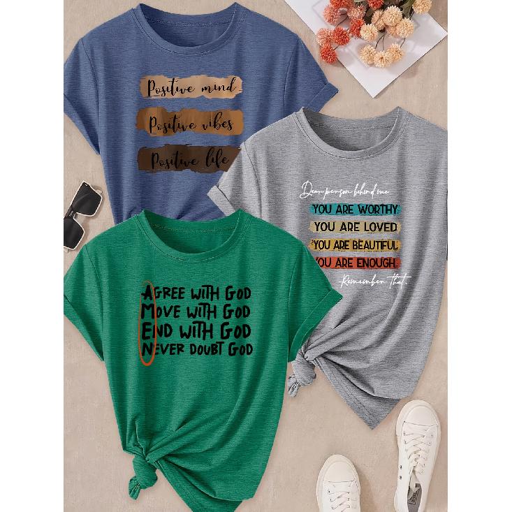 Spring and Summer Hot Sale Women's Clothing 3 Pack of round-neck short-sleeve shirts T Shirt Positive energy self-affirmation text print Sunlight