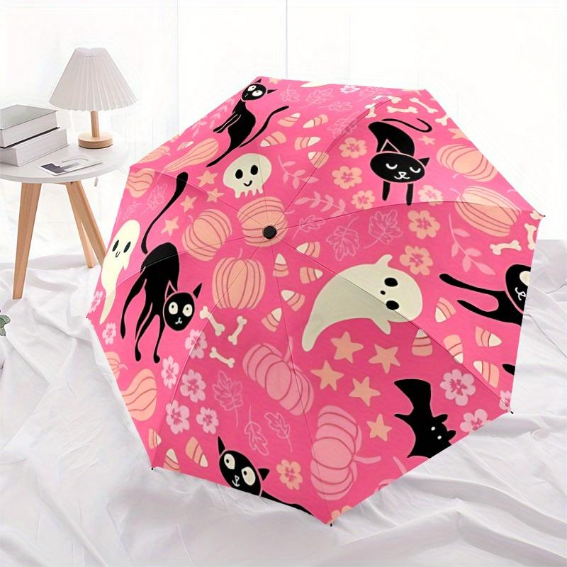 1pc Halloween Cats Automatic Open/close Folding Compact Cute Umbrella, 8-Rib Sturdy Canopy, Lightweight Portable, Everyday Use, Gift, Outdoor Umbrella