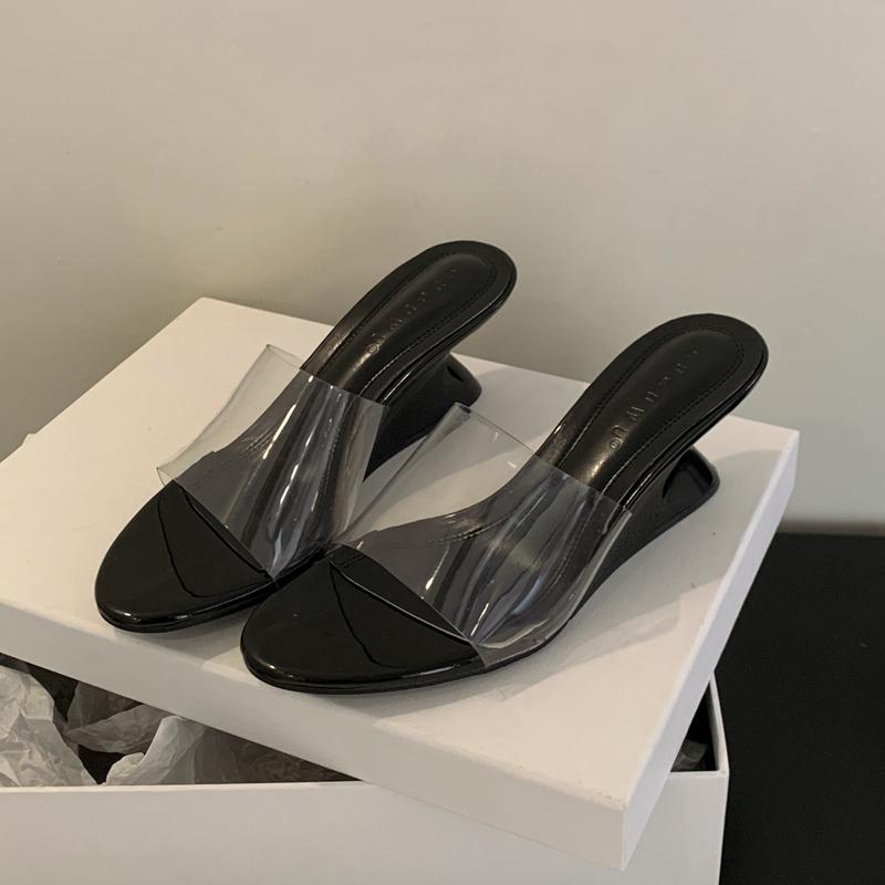 

Fashion SUOJIALUN 2025 Summer New High Wedge Heel Ladies Elegant Slides Shoes Fashion PVC Transparent Outdoor Dress Sandal Pumps Shoes 39 чёрный