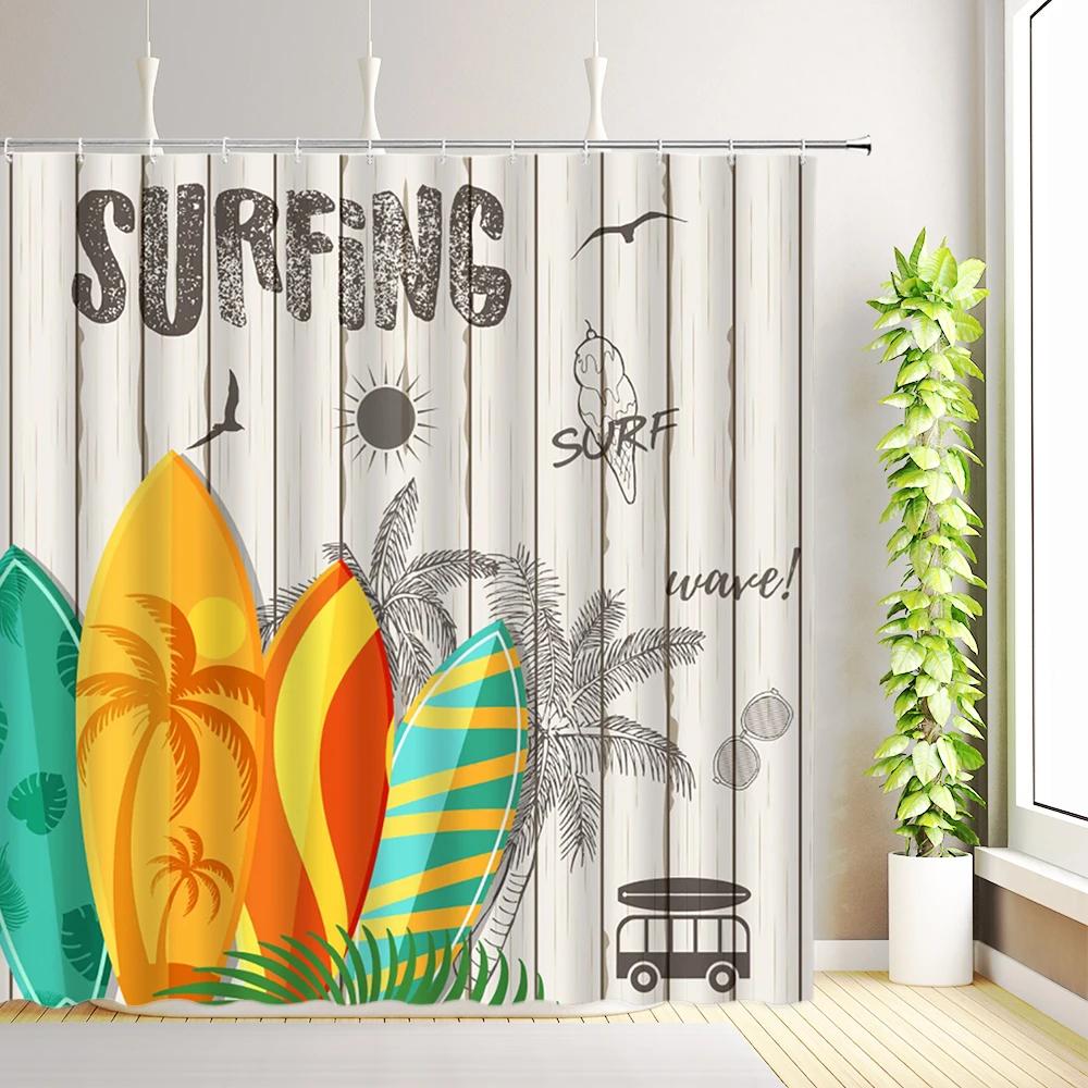 Beach Surf Camper RV Shower Curtain Tropical Palm Tree Travel Camping Car Summer Ocean Surfboard Bathroom Decoration with Hooks