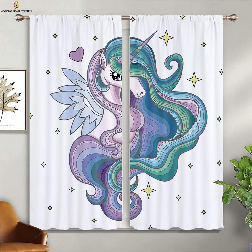 Cute Cartoon Unicorn Curtains Children's Room Window Decoration Curtains Suitable For Bedroom Living Room Kitchen Curtains 2 PCS