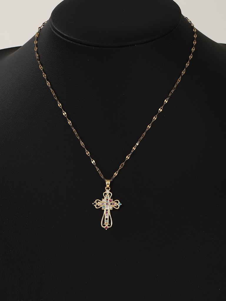 European and American Fashion Personality Women's Micro Inlaid Colored Zircon Double Layer Cross Hollow Stripe Necklace