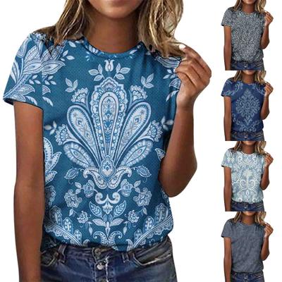 Women's Fashion Casual Short Sleeve Printed Round Neck Loose Pullover Top