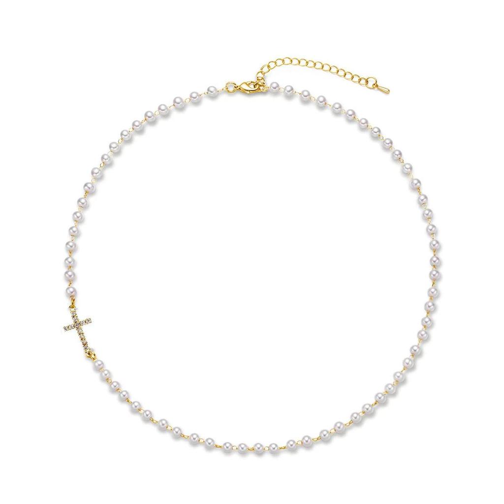 Baroque Minimalist Single-Layer Pearl Necklace with Cross for Women - Handmade & Exquisite