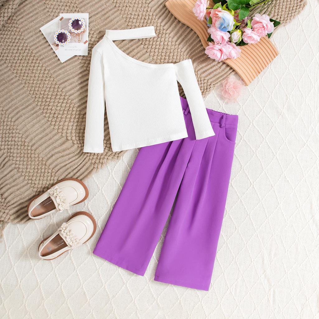 Mädchenmode-Set Frühling und Herbst Kinder Freizeit Schulterfrei, Nackenband, Langarm und Lange Hose Zweiteiliges Set