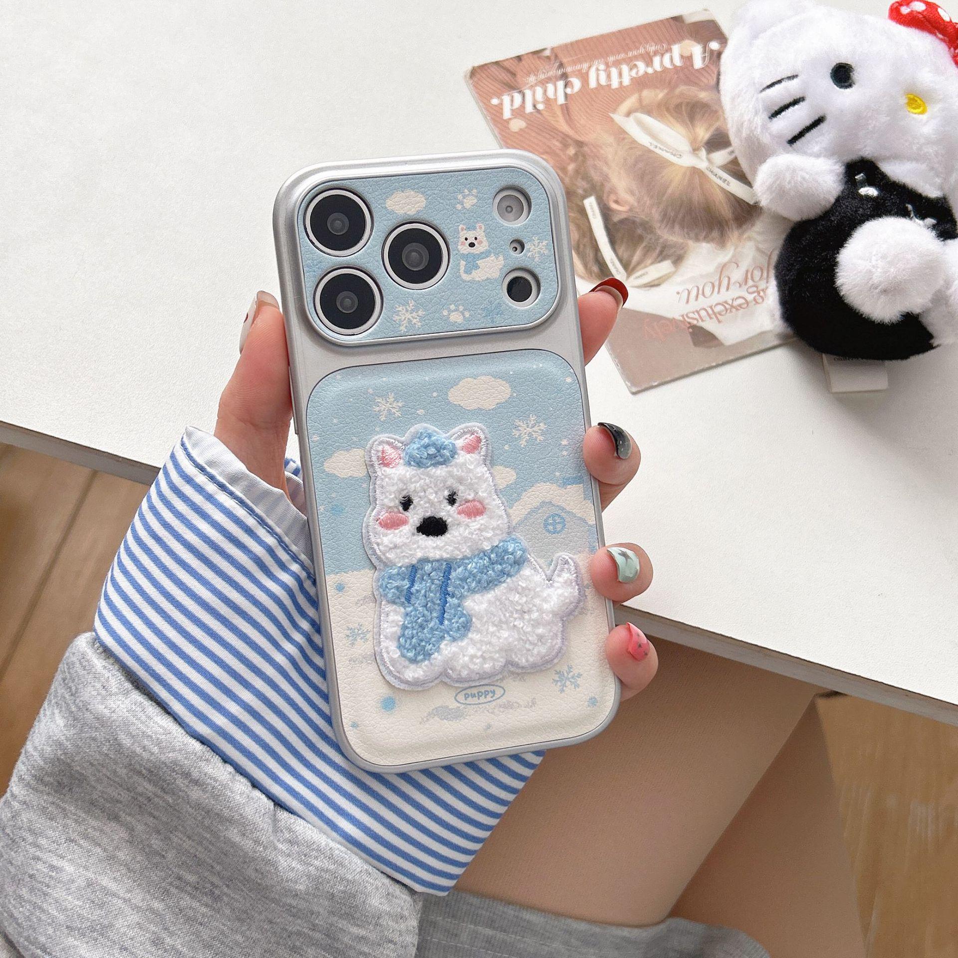 

Korean Style Snow Embroidery Dog iPhone 15/16/17 Pro Max & 13/14 Trendy Female Case iPhone 16
