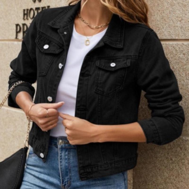 Women's Solid Color Washed Denim Coat Commuting Style Lapel Long Sleeve Cowboy Coats Female Spring Autumn Jackets