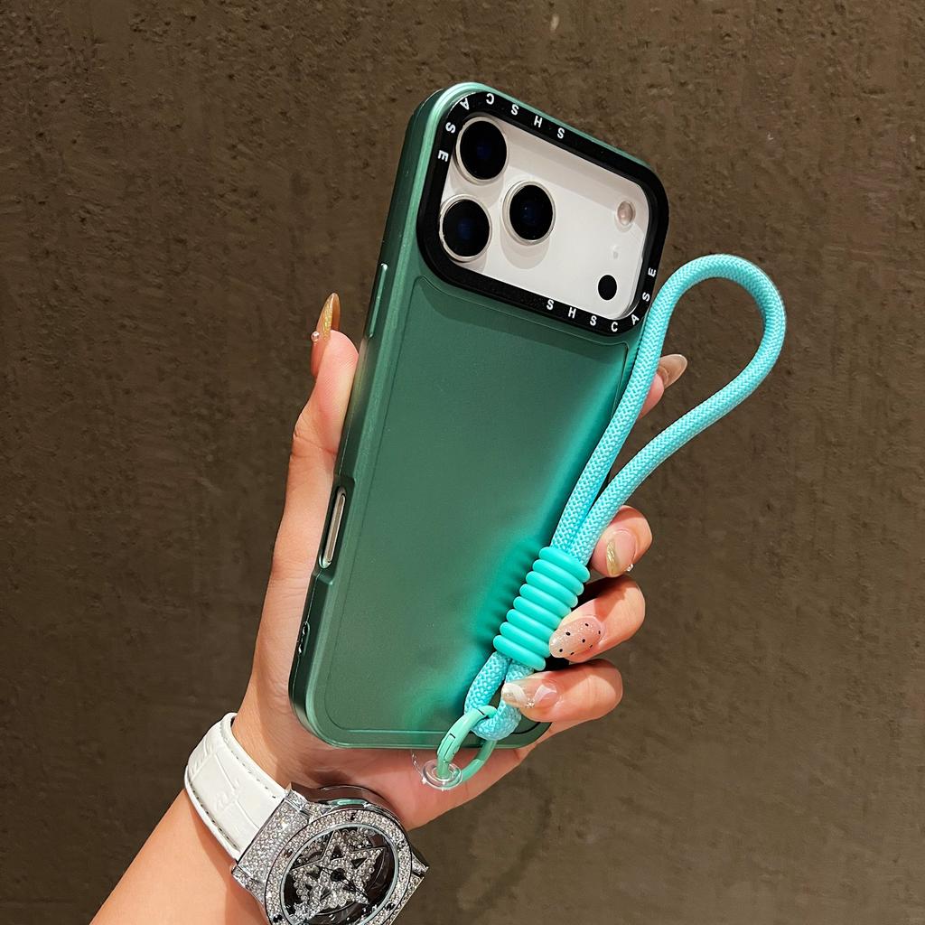 For iPhone 17 Pro Case Black Lens Frame Metal Paint Finish PC + TPU Phone Back Cover with Wrist Strap