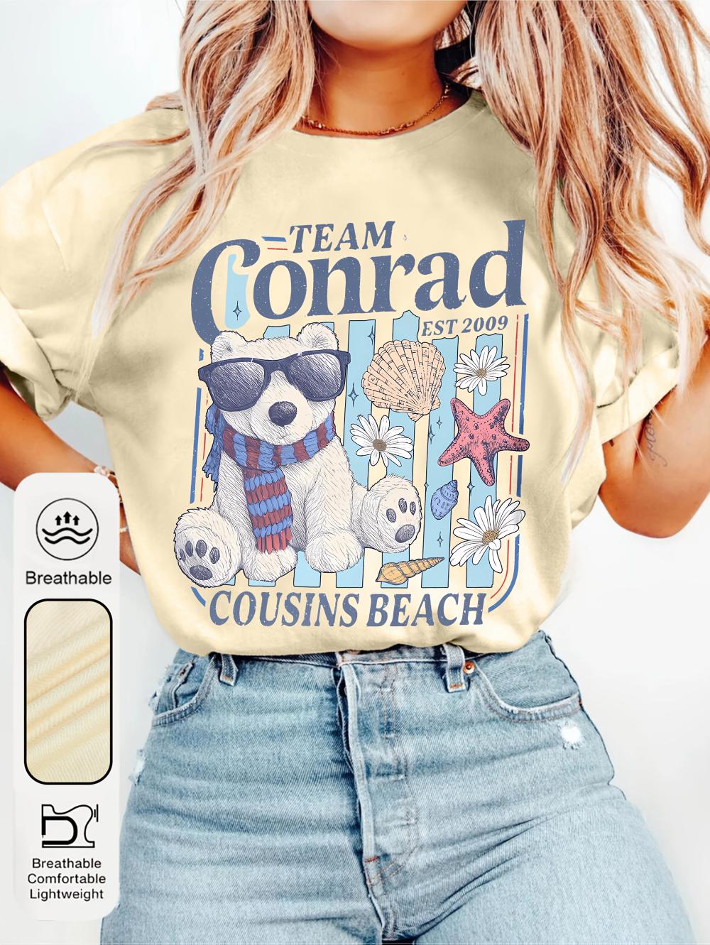 Womens Mint Green Cartoon Bear Beach Graphic TShirt Team Conrad Cousins Beach Design Soft Breathable Short Sleeve Summer Top S