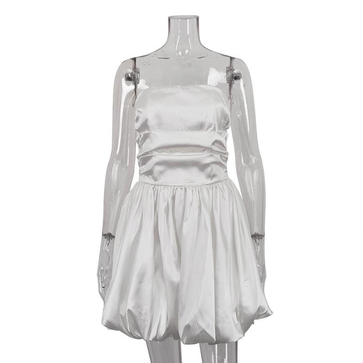 

Women s Solid Ruched Satin Strapless Puff Ball Mini Dress Elegant Party Cocktail Dress S белый