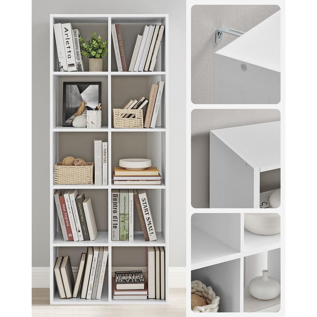 VASAGLE Scandinavian Style Bookcase 10 Compartments Standing Shelf Storage Rack for Living Room Office Bedroom Study Room Divider White
