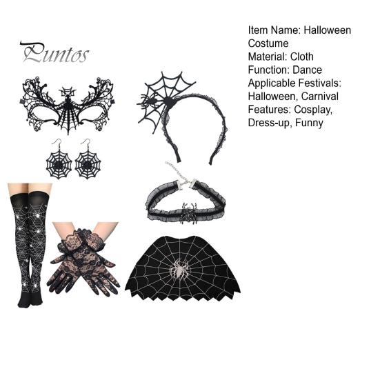 Spinnennetz-Motto Partyzubehör Halloween-Kostüm für Damen Schwarzes Spitzen-Stirnband Choker Handschuhe Feiertagsdekorationen Umhang Maske Oberschenkelhohe Lange
