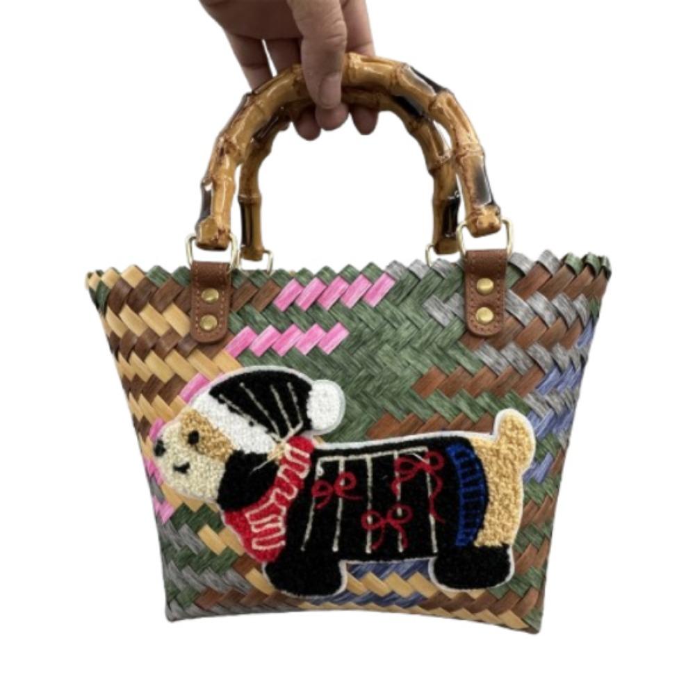 Puppy Pattern Retro Striped Woven Bag Bamboo Handle Summer Women's Handbag  Casual Shopping